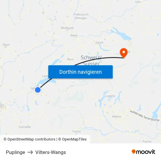 Puplinge to Vilters-Wangs map