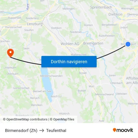 Birmensdorf (Zh) to Teufenthal map
