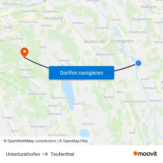 Unterlunkhofen to Teufenthal map