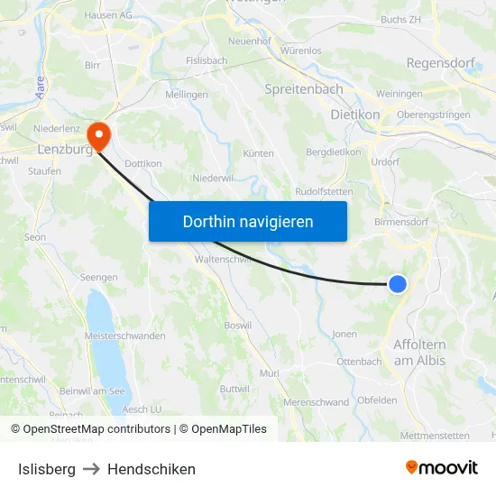 Islisberg to Hendschiken map