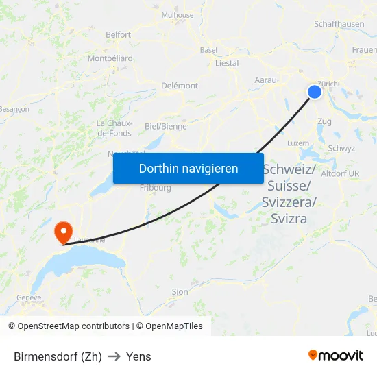 Birmensdorf (Zh) to Yens map