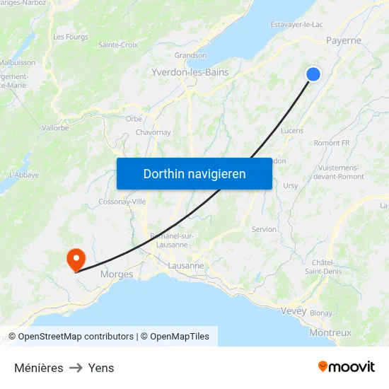 Ménières to Yens map