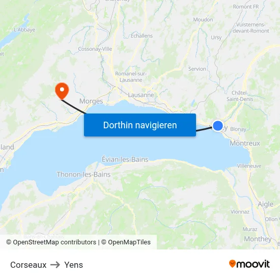 Corseaux to Yens map