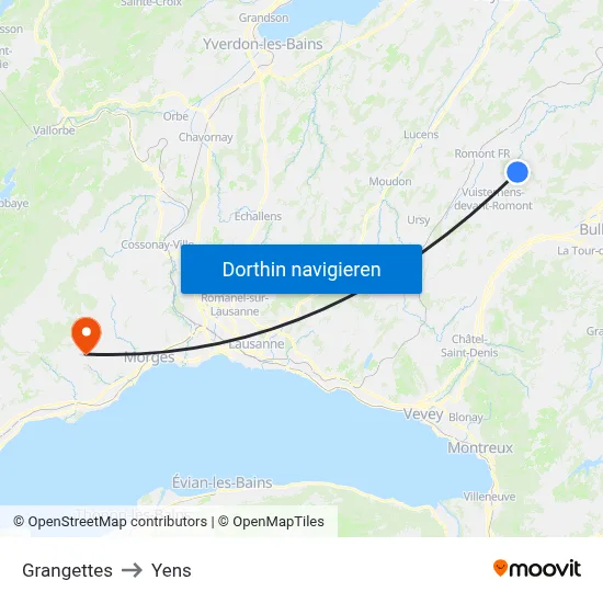 Grangettes to Yens map