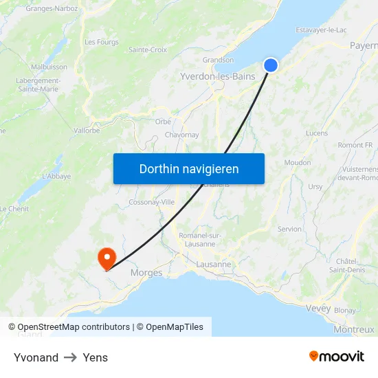 Yvonand to Yens map