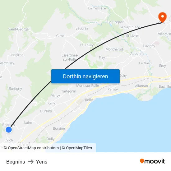 Begnins to Yens map