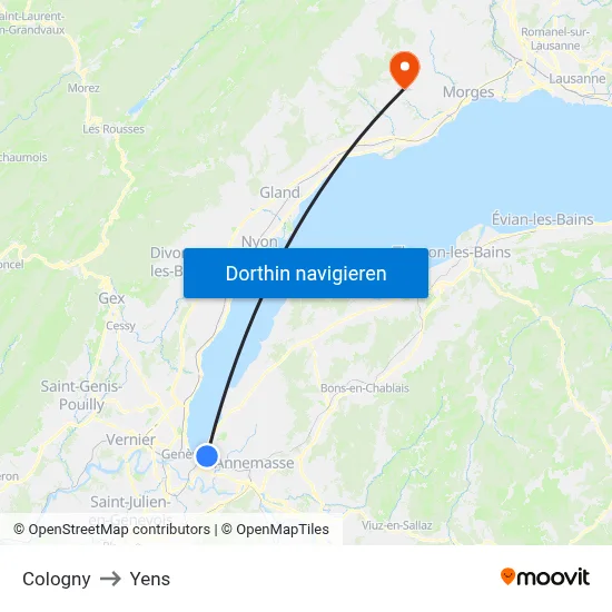 Cologny to Yens map