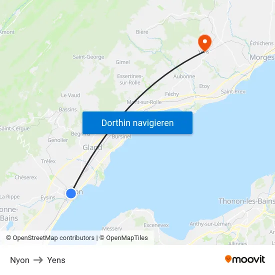Nyon to Yens map
