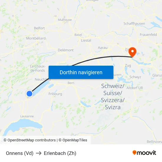 Onnens (Vd) to Erlenbach (Zh) map