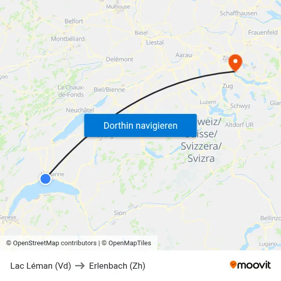 Lac Léman (Vd) to Erlenbach (Zh) map