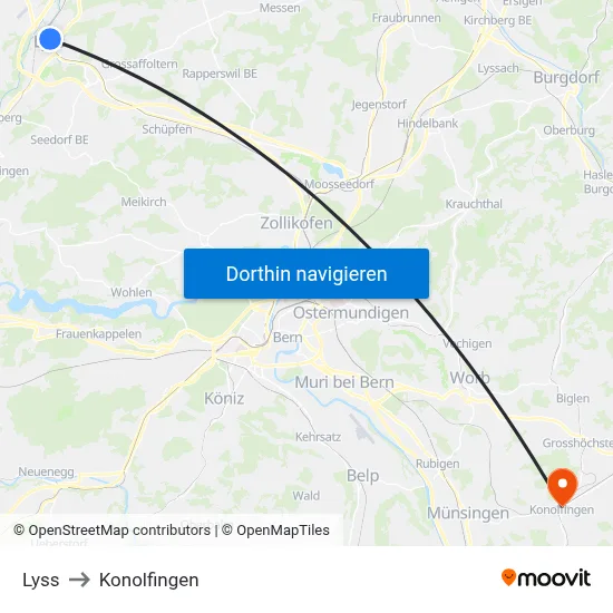 Lyss to Konolfingen map