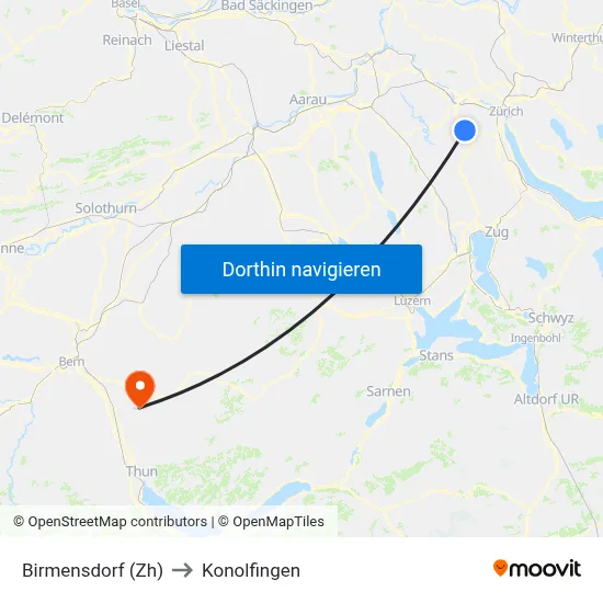 Birmensdorf (Zh) to Konolfingen map