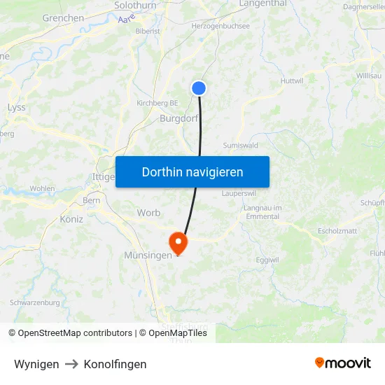 Wynigen to Konolfingen map