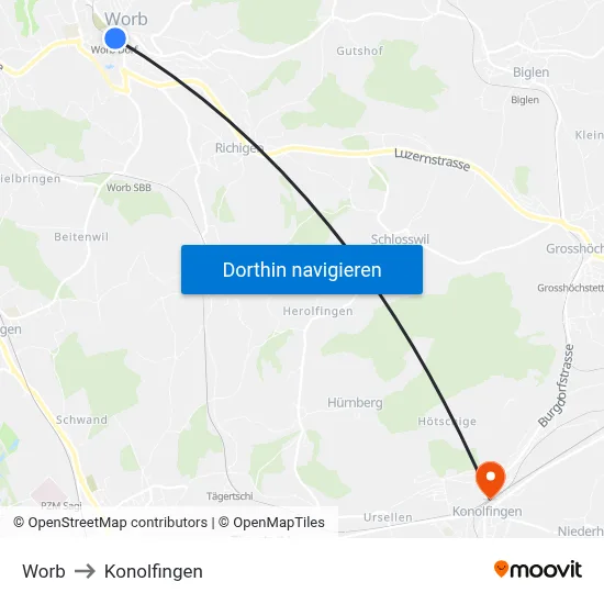Worb to Konolfingen map