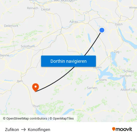Zufikon to Konolfingen map