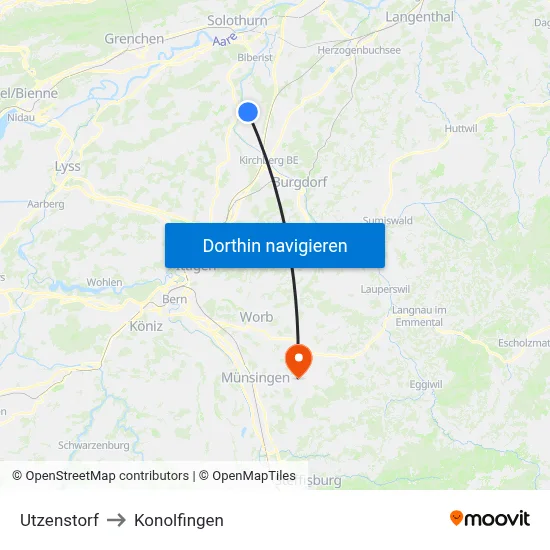 Utzenstorf to Konolfingen map