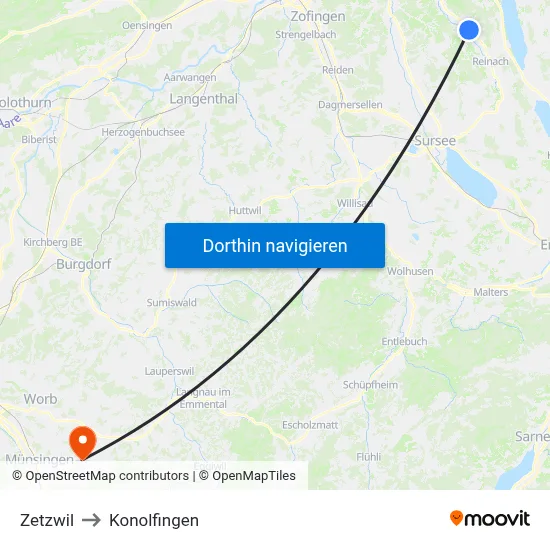 Zetzwil to Konolfingen map