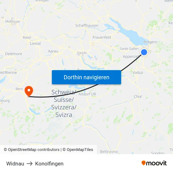 Widnau to Konolfingen map