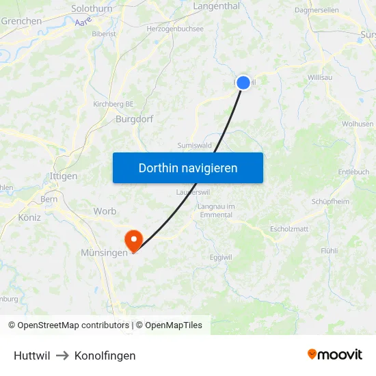 Huttwil to Konolfingen map