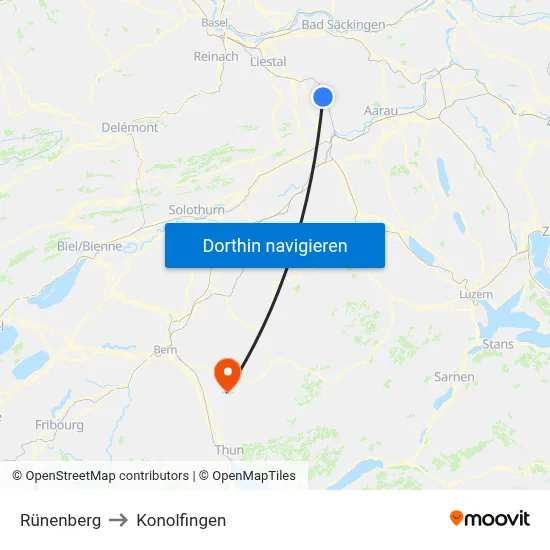 Rünenberg to Konolfingen map