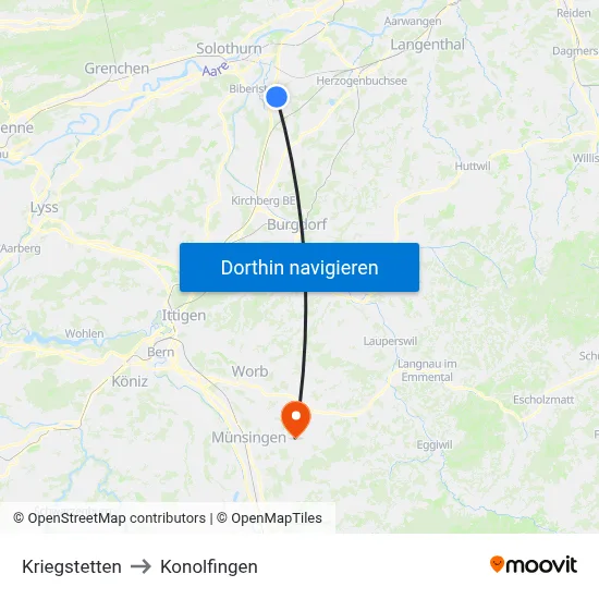 Kriegstetten to Konolfingen map
