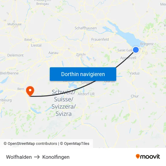 Wolfhalden to Konolfingen map