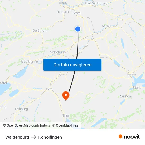 Waldenburg to Konolfingen map