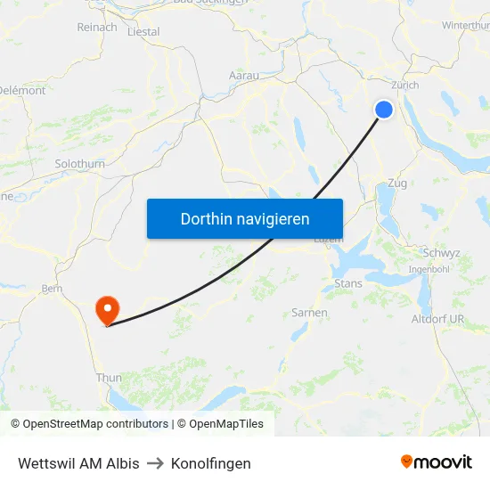 Wettswil AM Albis to Konolfingen map