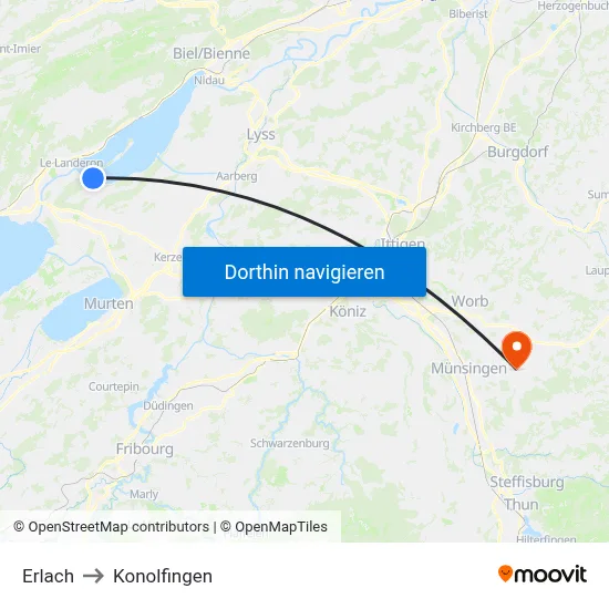 Erlach to Konolfingen map
