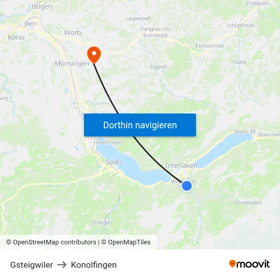 Gsteigwiler to Konolfingen map