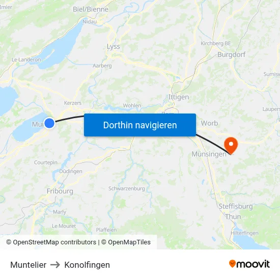 Muntelier to Konolfingen map