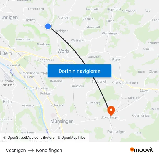Vechigen to Konolfingen map