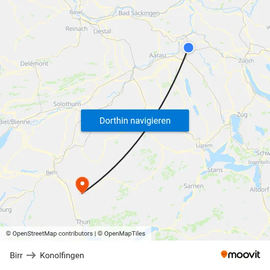 Birr to Konolfingen map