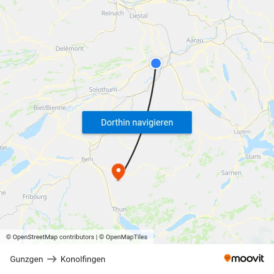 Gunzgen to Konolfingen map