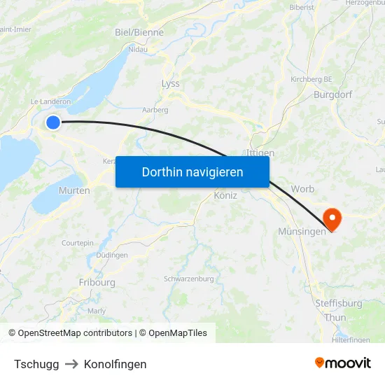 Tschugg to Konolfingen map