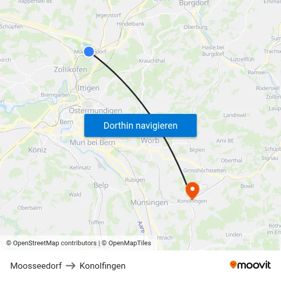 Moosseedorf to Konolfingen map