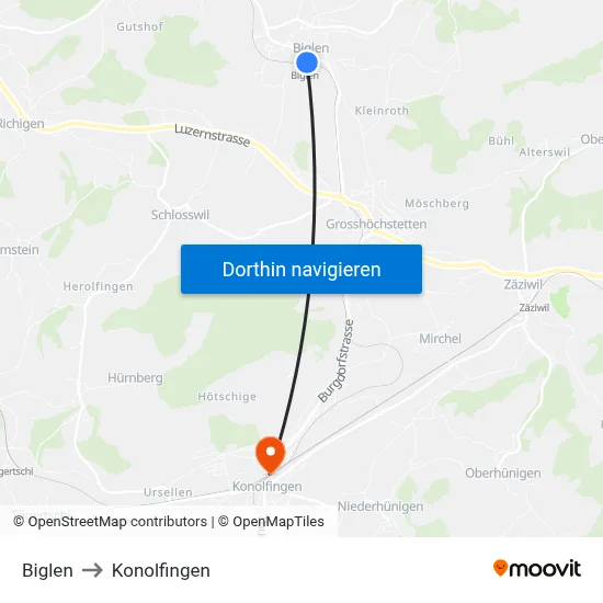 Biglen to Konolfingen map