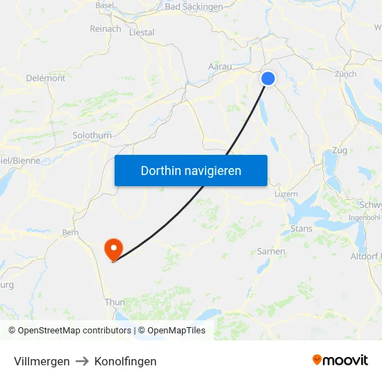 Villmergen to Konolfingen map