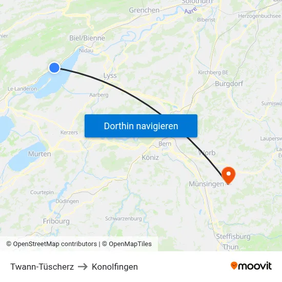 Twann-Tüscherz to Konolfingen map