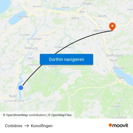 Corbières to Konolfingen map