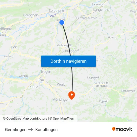 Gerlafingen to Konolfingen map