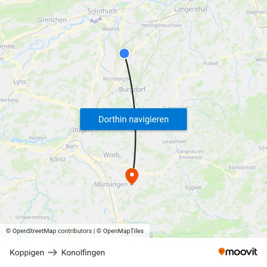 Koppigen to Konolfingen map