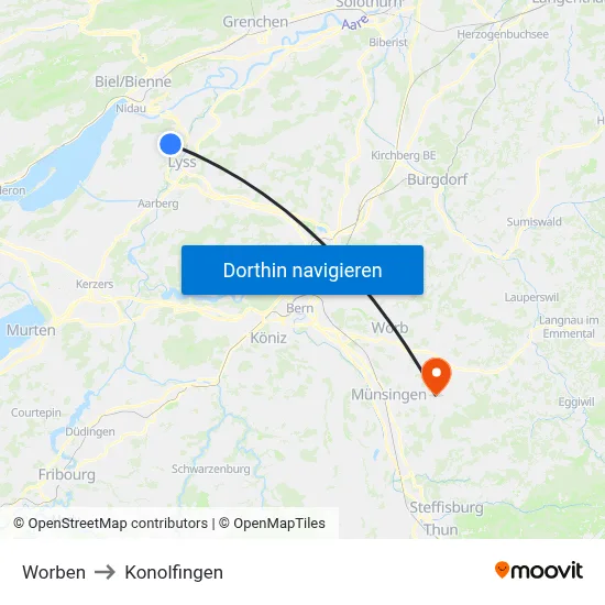 Worben to Konolfingen map