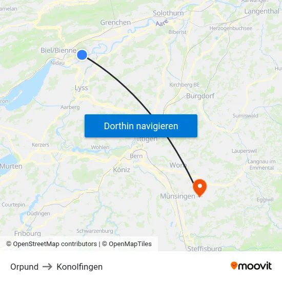 Orpund to Konolfingen map