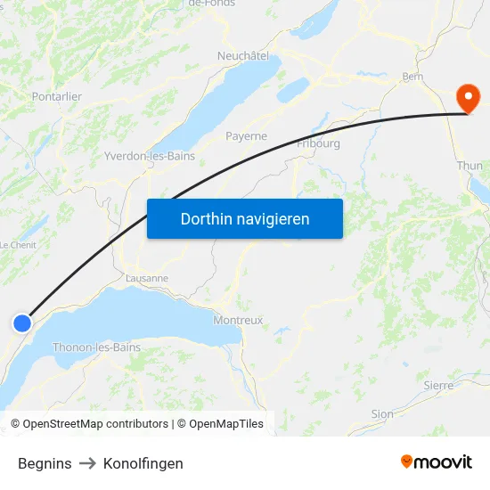 Begnins to Konolfingen map