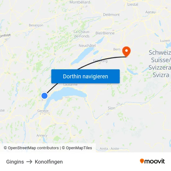 Gingins to Konolfingen map