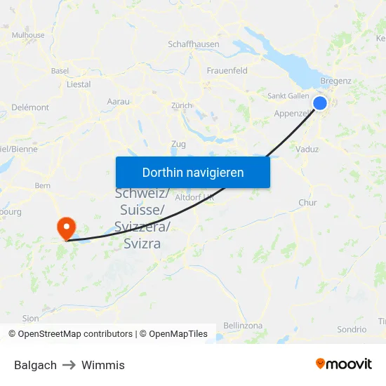 Balgach to Wimmis map
