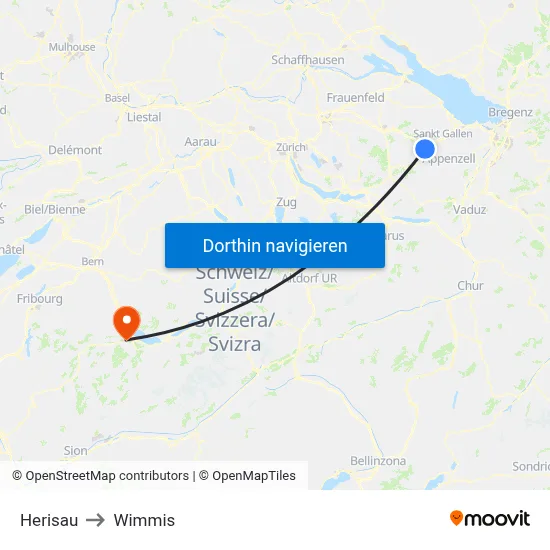 Herisau to Wimmis map