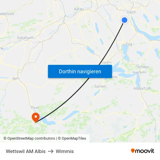 Wettswil AM Albis to Wimmis map