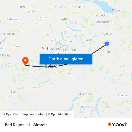 Bad Ragaz to Wimmis map